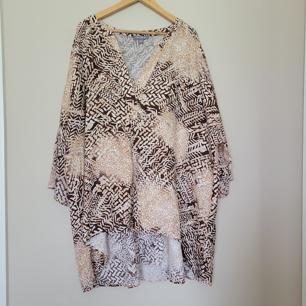 Jessica London Womens Tunic Top Size 28W Linen Blend V-Neck Tribal Animal Print